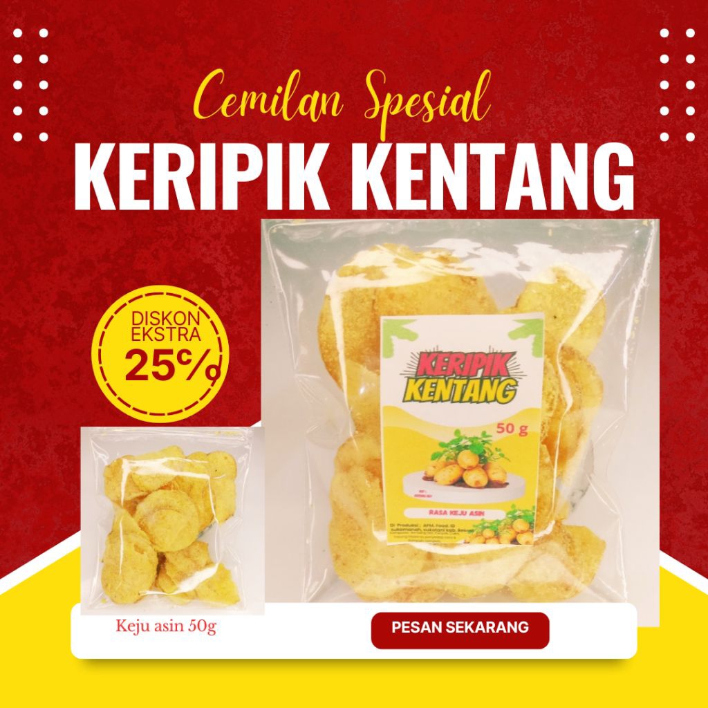 

KERIPIK KENTANG RASA KEJU ASIN 50 GRM / CEMILAN KEKINIAN / SNACK GROSIR / CEMILAN TERLARIS / CEMILAN KEKINIAN