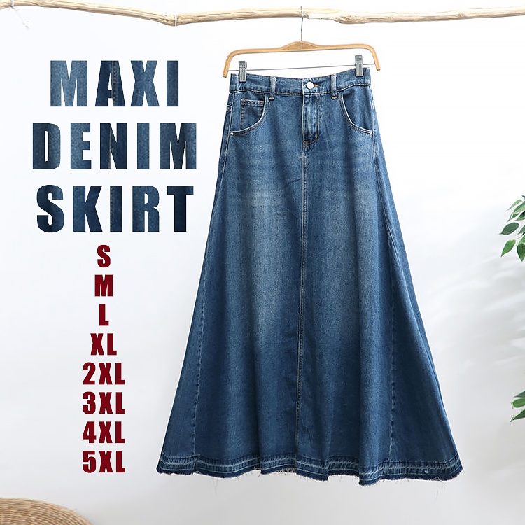 [Real pict ] Midi skirt Rok jeans Flare mayung stretch pinggang karet  JUMBO SIZE