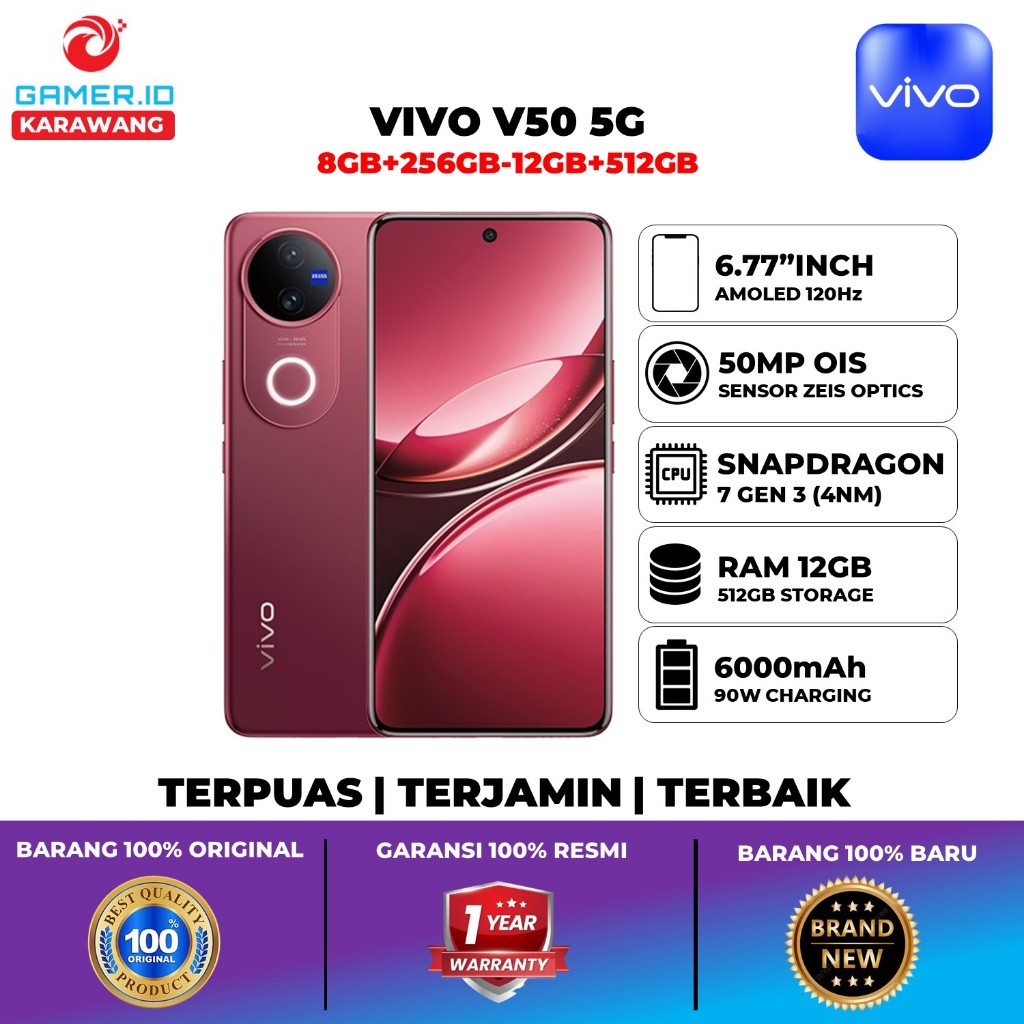 Vivo V50 5G Ram 12GB Up to 24GB Memori 512GB Snapdragon 7 Gen 3 Baterai 6000mAh Kamera 50MP OIS