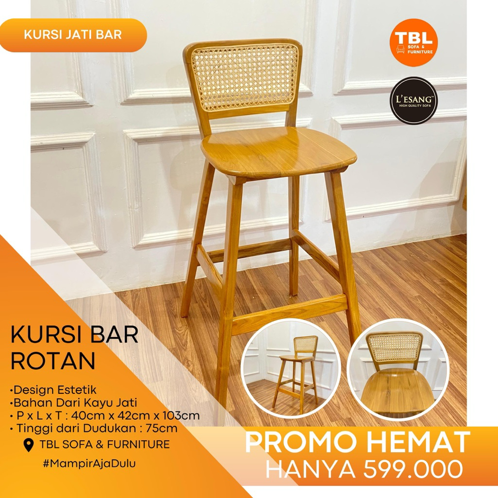 Kursi Bar Rotan Kayu Jati Estetik | Kursi Kayu Jati | Kursi Bar Rotan Kayu Jati Asli