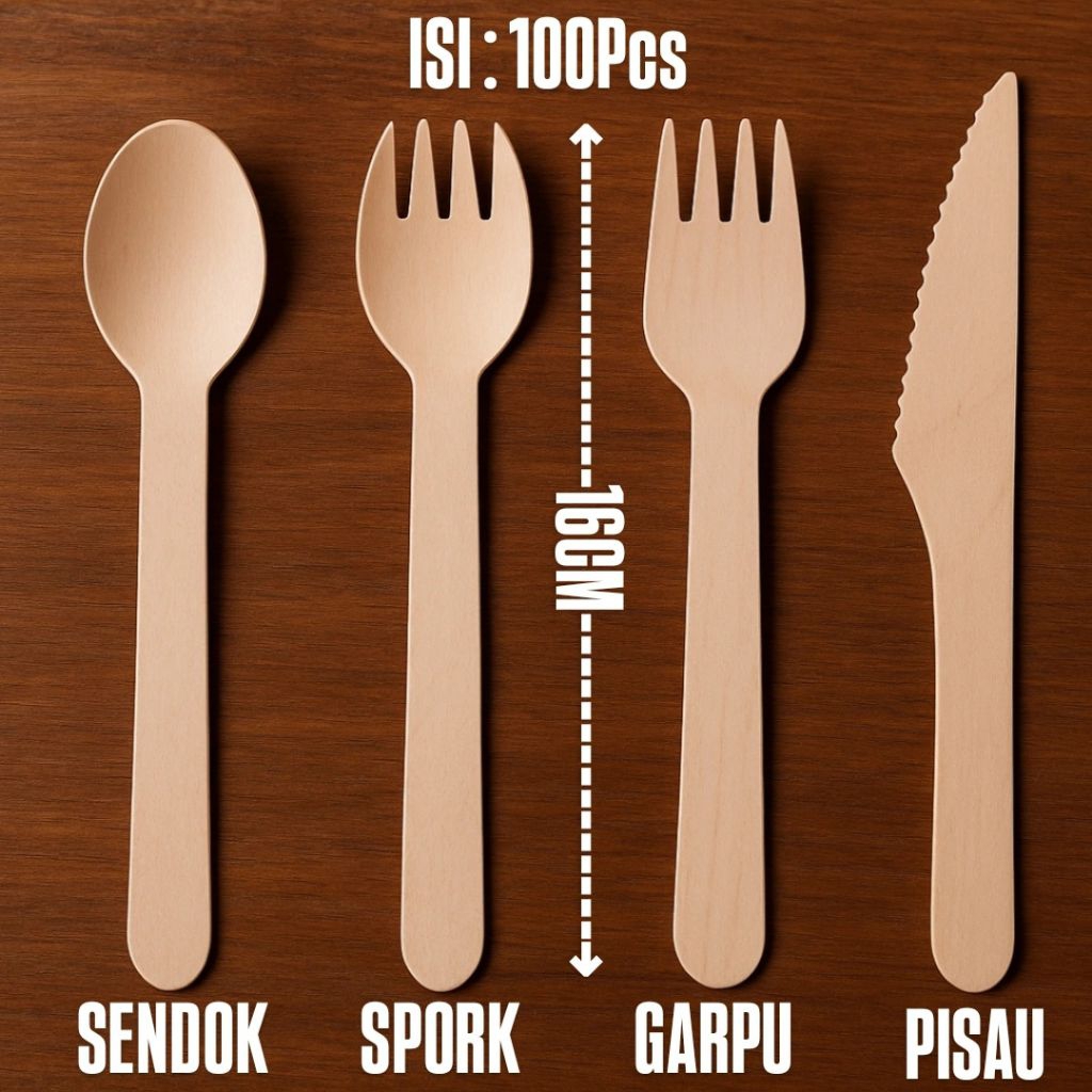 Spork Kayu Sendok Kayu Garpu Kayu Pisau Kayu Sekali Pakai isi 100 Pcs / Wooden Spork Sendok Garpu Pi