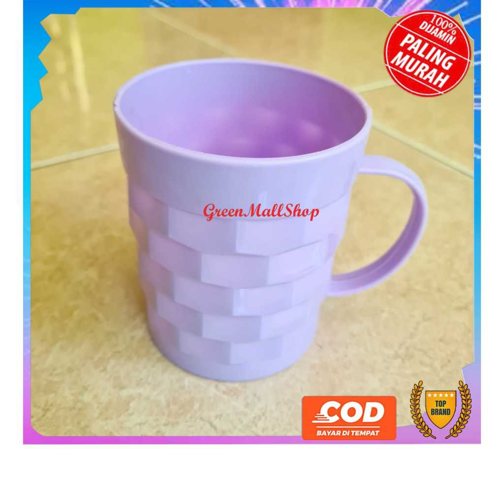 12 Pcs Gelas Minum Cangkir Mug Mok Plastik Murah Motif Rotan Tikar Warna Gagang Cangkir Teh Kopi