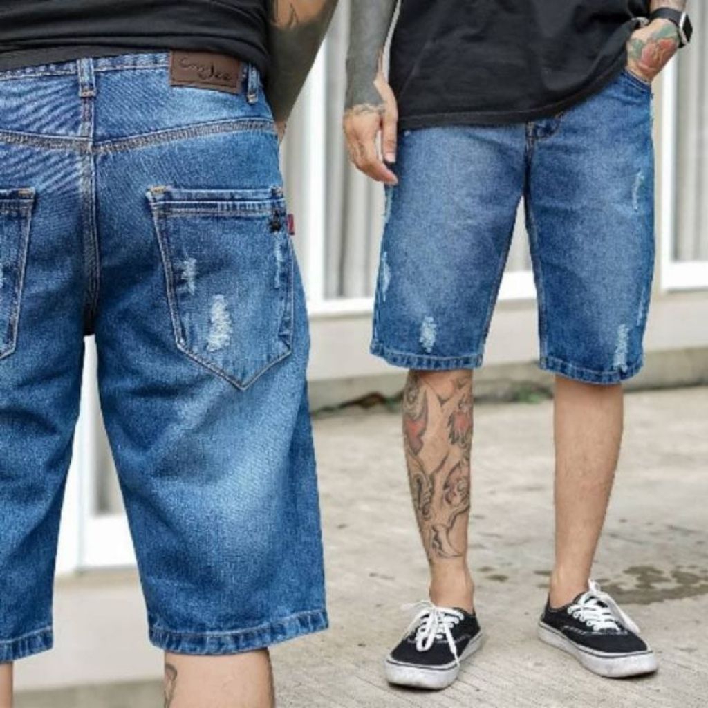 Celana Pendek Jeans Pria Sobek Ripped Kasual Streetwear Denim Original CMJEE