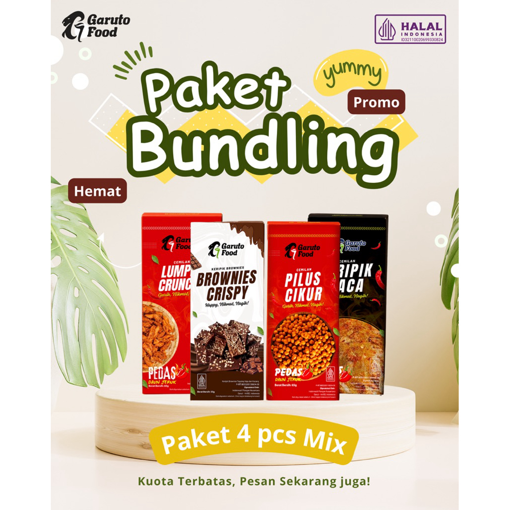 

[TERLARIS] BUNDLING 4 PCS (Brownies Krispi, Pilus Cikur, Keripik Kaca, Keripik Lumpia) - GARUTO FOOD