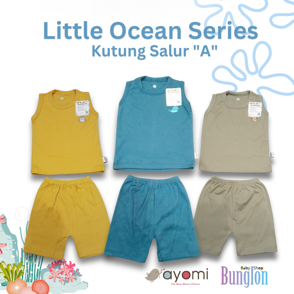 3 Setelan Kutung Bayi AYOMI Salur Seri Little Ocean | Baju Bayi SNI – Lengan Tanpa Lengan (Lusinan)