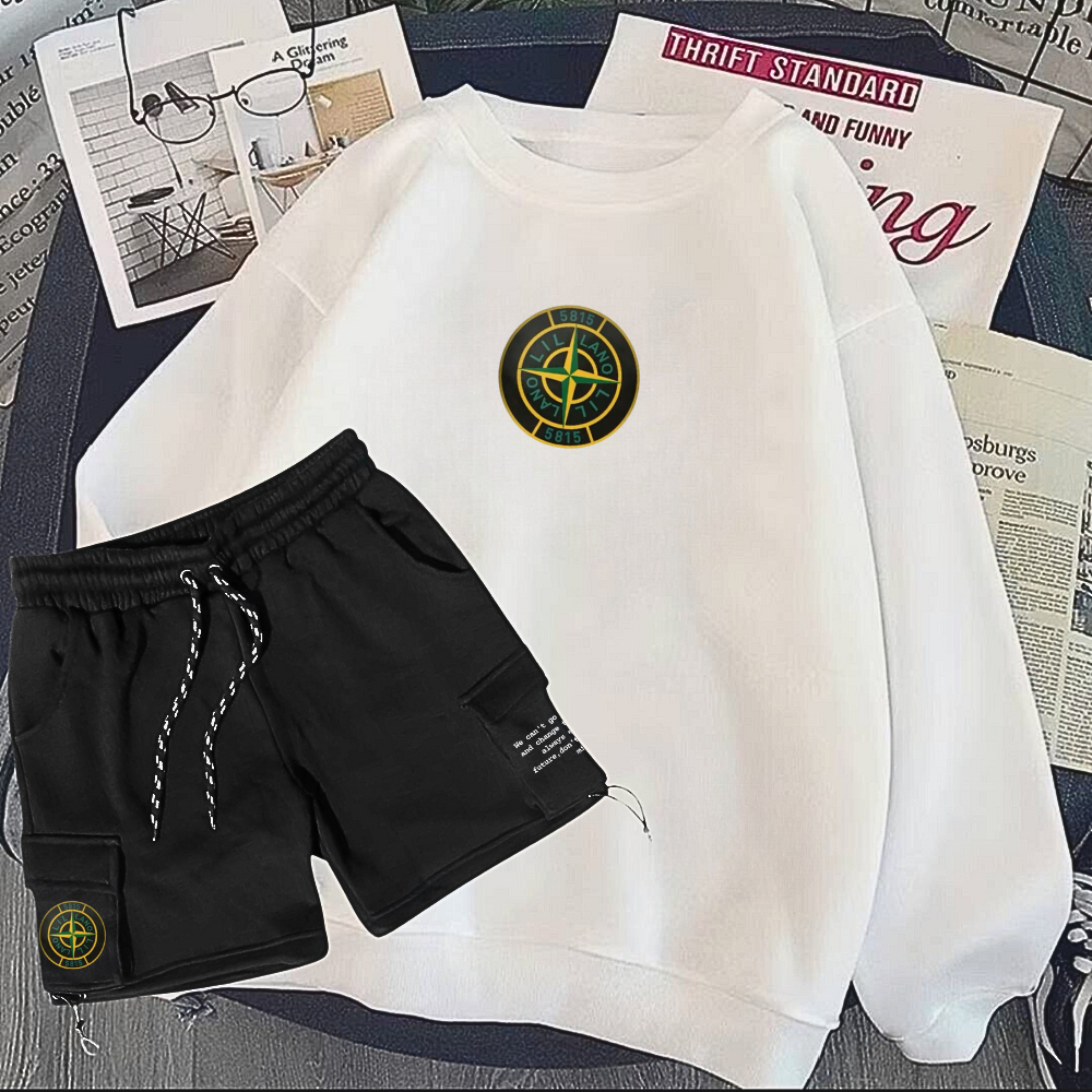 Setelan Oneset Pria & Wanita Sweater Crewneck Short Pants Celana Pendek Cargo Unisex Oversize Korean