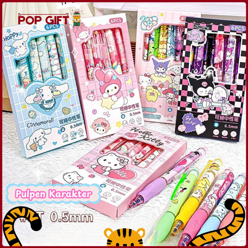 

PG 1 Box Pulpen Isi 6 Pcs 0.5mm Pulpen Lucu Bisa Hapus Pen Erasable Kartun Pena Cinnamoroll Sanrio