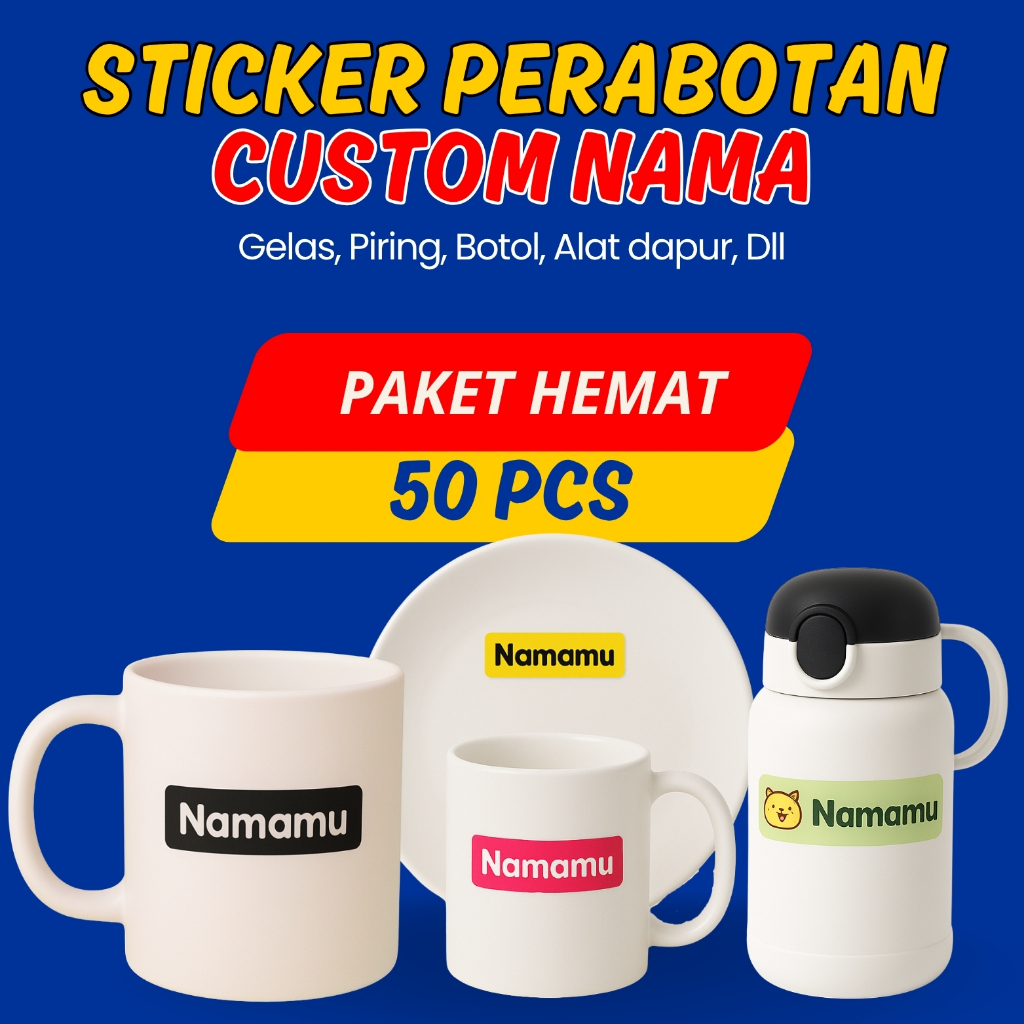 

Sticker Waterproof 50 Pcs Custom Nama Piring Sendok Botol Gelas Perabotan timbul label