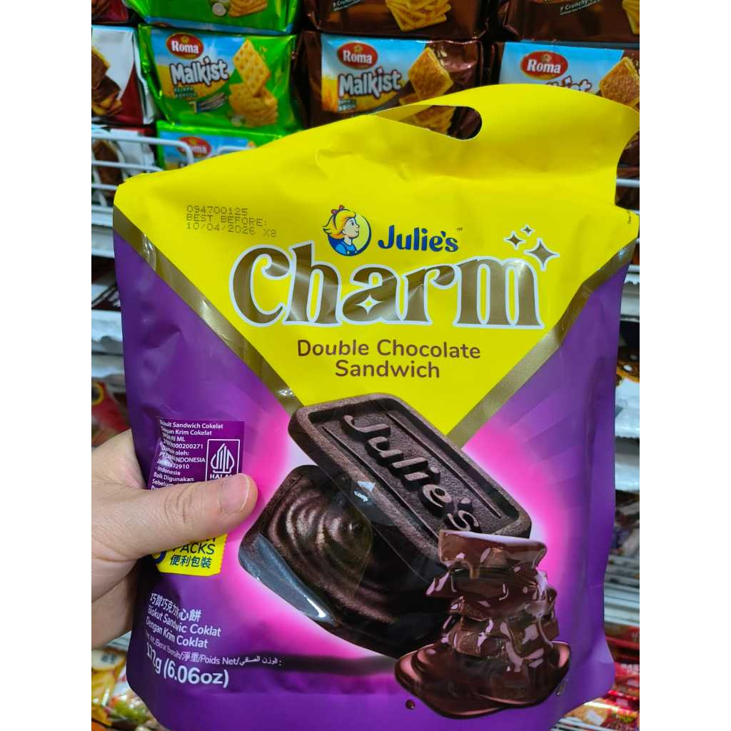 

Julies Charm Charms Double Chocolate Tiramisu Sandwich Biscuit Biscuits 172gr