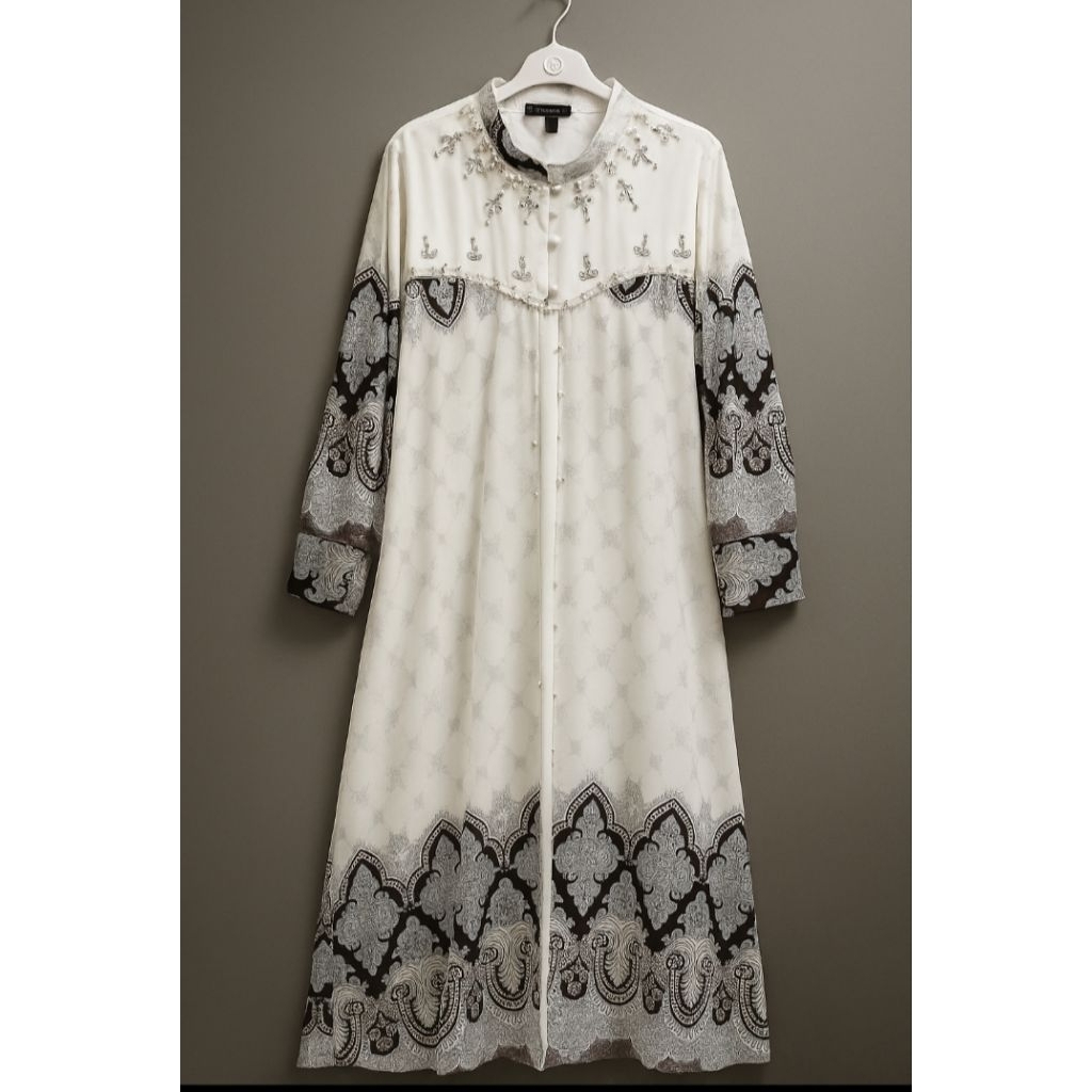 Gamis Kaftan Putih Motif Etnik Premium