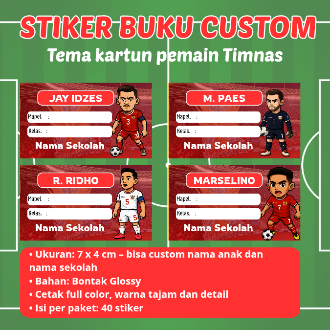 

Stiker Nama Mata Pelajaran Custom Tema Pemain Timnas Indonesia | 40 pcs Label Buku Anak 7x4cm | Stiker Glossy Bontak