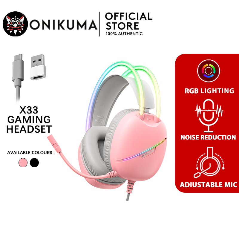 ONIKUMA X33 Pink Gaming Headset Headset Gaming Kabel dengan Mic Lampu RGB USB Type-C untuk PC/Ponsel