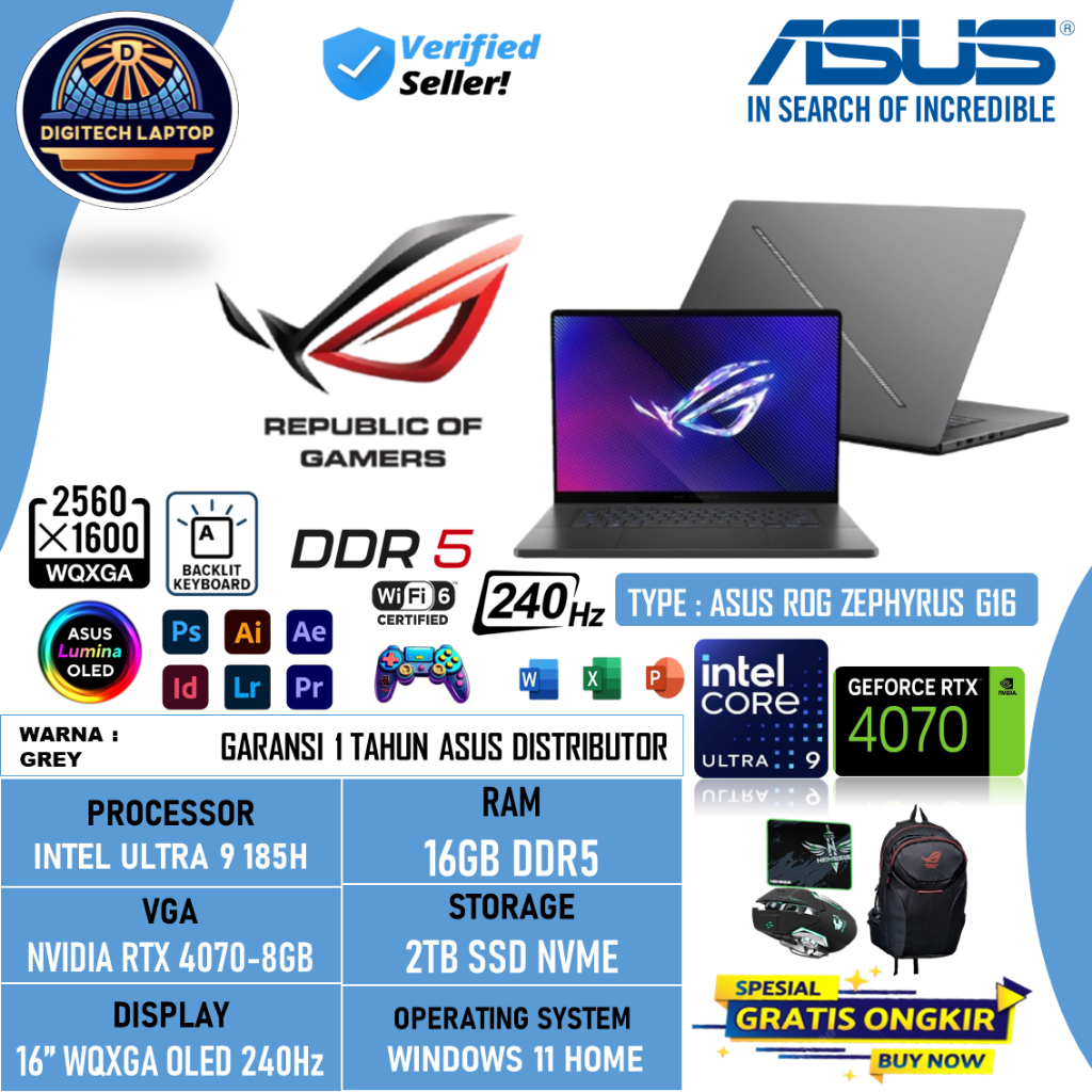 Laptop Gaming Asus ROG Zephyrus G16 Intel Ultra 9 185H 16GB DDR5 2TB RTX4070-8GB 16 inch Oled Win 11