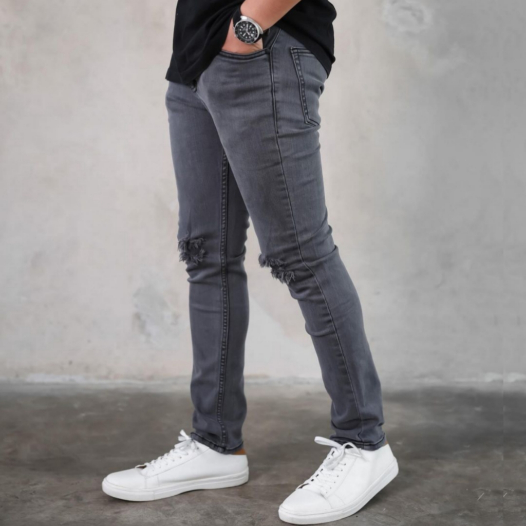 Celana Jeans Panjang Pria Sobek Lutut Slimfit Dark Grey Ripped Soft Denim Stretch Skinny Size 27-38