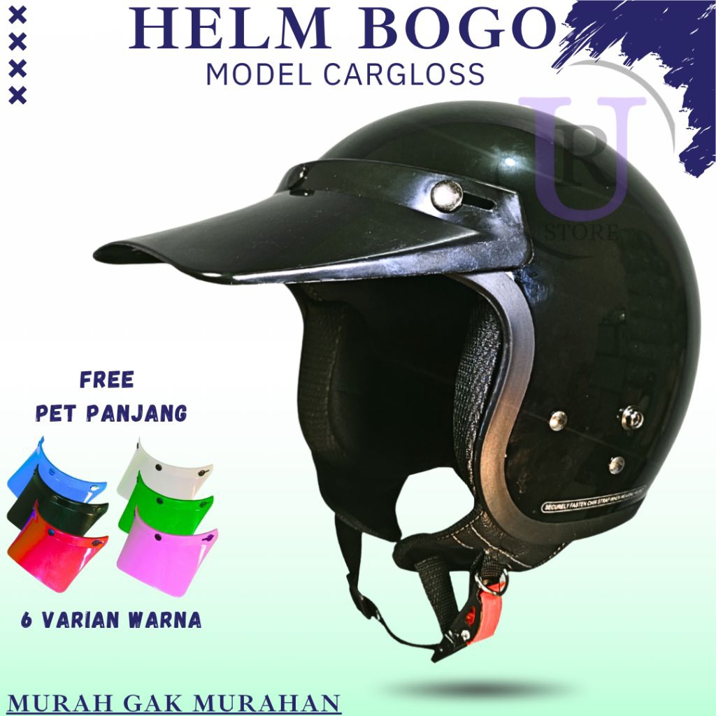Helm Retro Model CARGLOSS / Helm Bogo Dewasa Warna BLACK GLOSSY #5 | KUALITAS SNI + PET PANJANG MODE