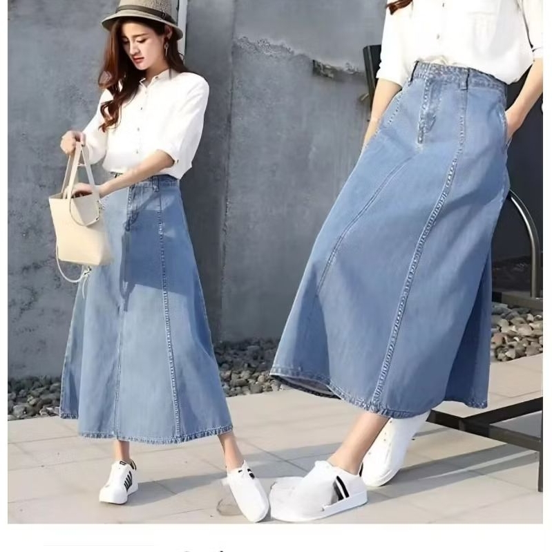 Rok jeans panjang payung wanita dewasa rok jeans payung lucu rok jeans panjang highwaist
