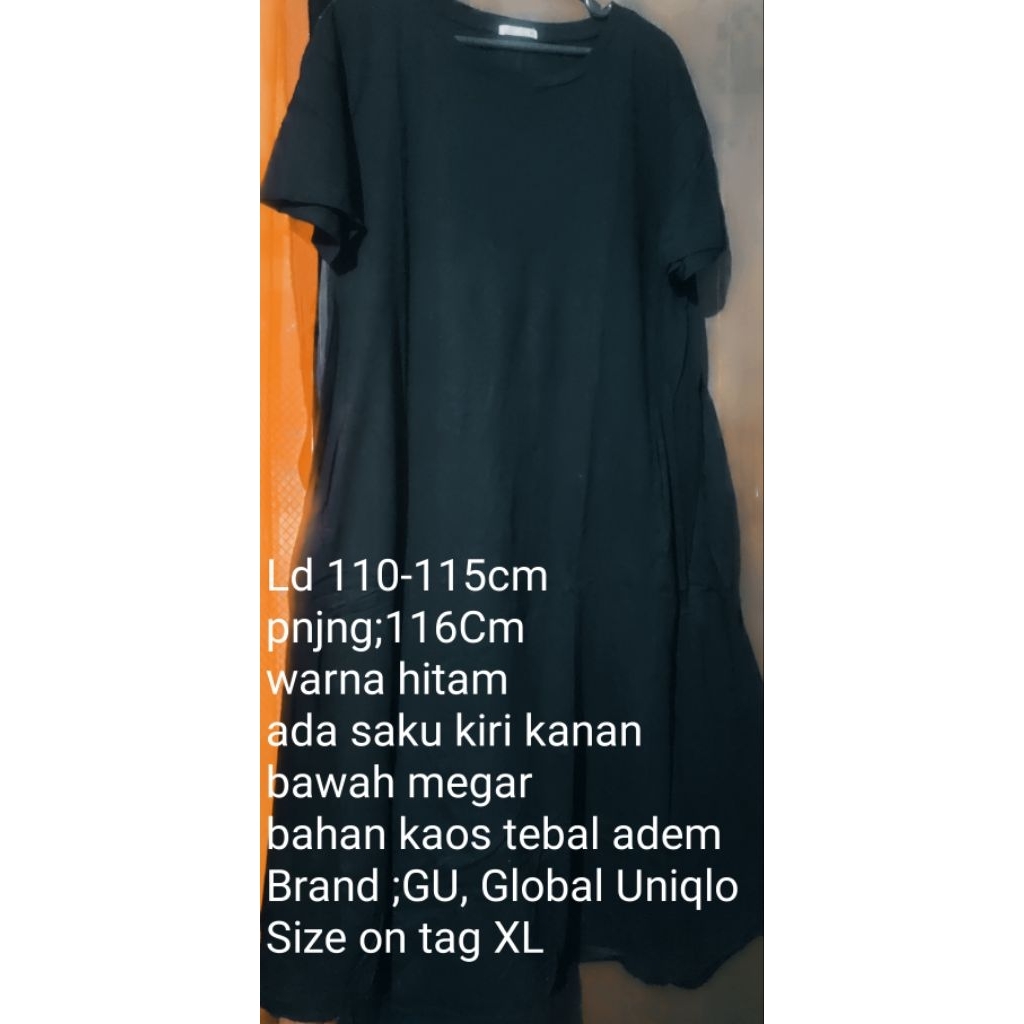 Long Dress Kaos, GU, Hitam, Tebal