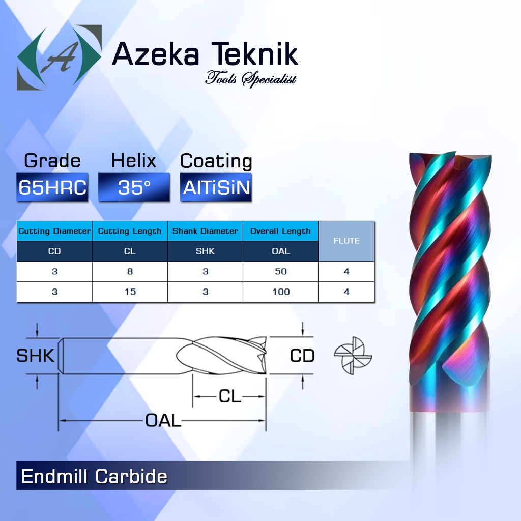 Endmill 3 mm shank 3 mm long 50 I 100 mm Flute 4 HRC65 Endmill 3mm 65HRC Carbide Tungsten Carbide En