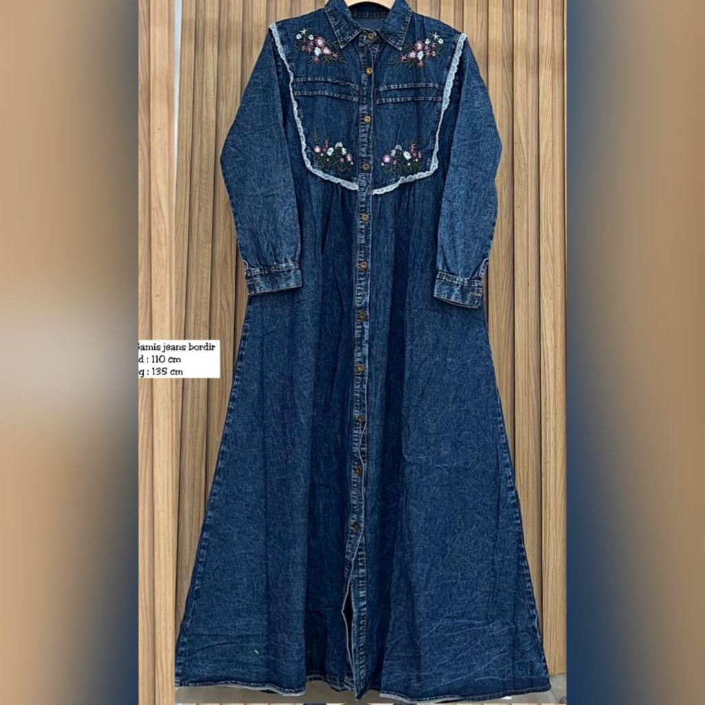 Gamis jeans bordir busui frendly ld 110-115 muat sampai bb 70kg/gamis jeans/gamis jeans bordir