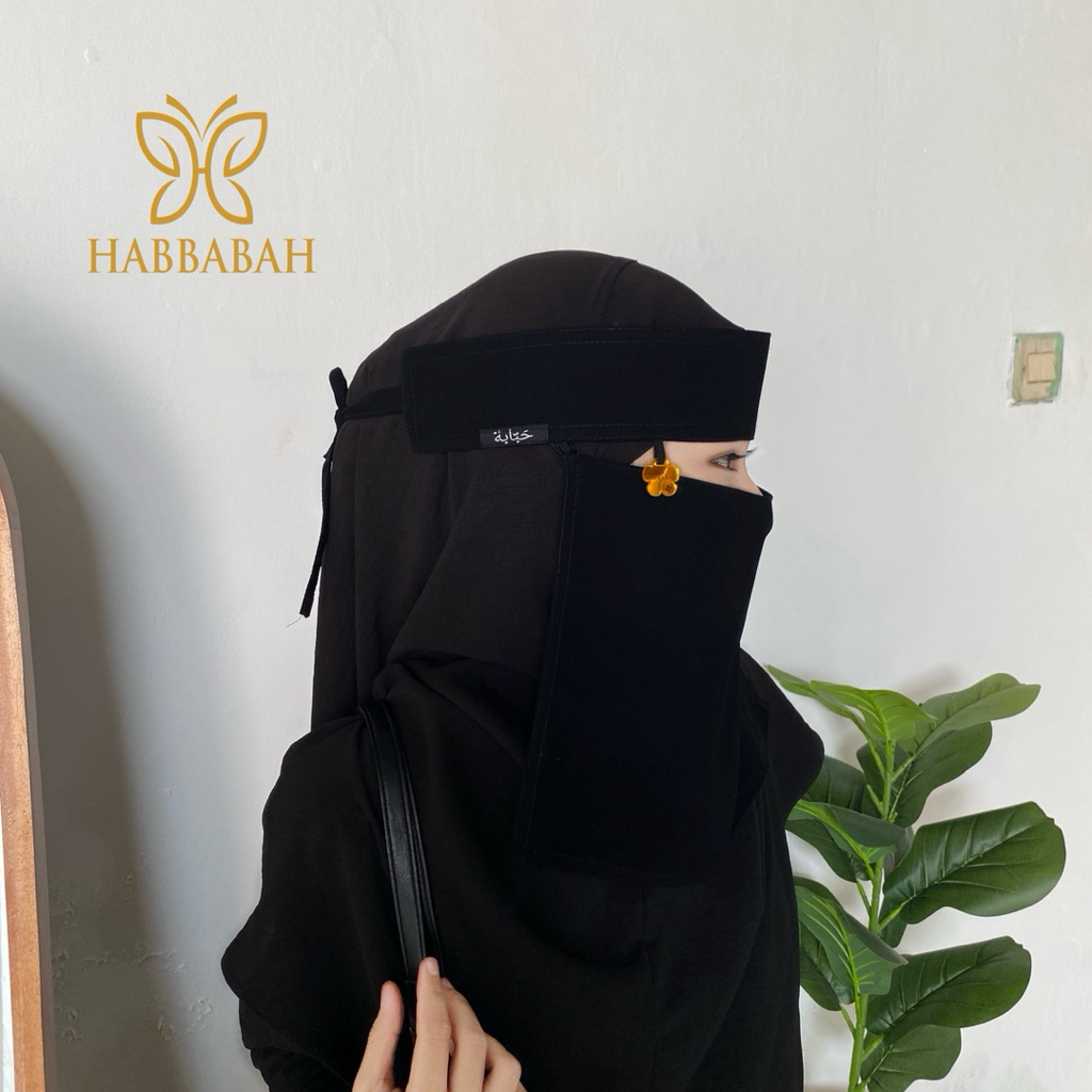 NIQAB SAUDI HITAM PEKAT HABBABAH JETBLACK | Niqob Bandana Cadar Pendek Liontin Bunga
