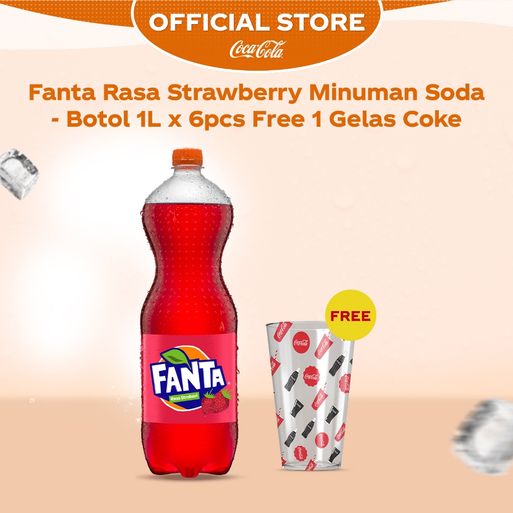 

Fanta Strawberry PET 1L x 6pcs Free 1pcs Gelas Coke