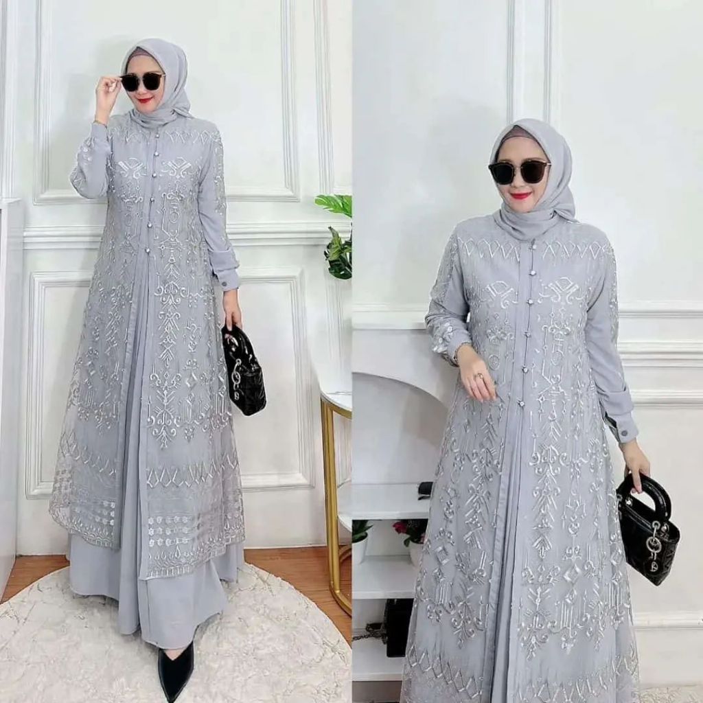 NEW DRESS SABRINA BROKAT BIG SIZE LD 125 Gamis Kondangan Ibu-Ibu One Set Dress Dan Outer Tile Gamis 