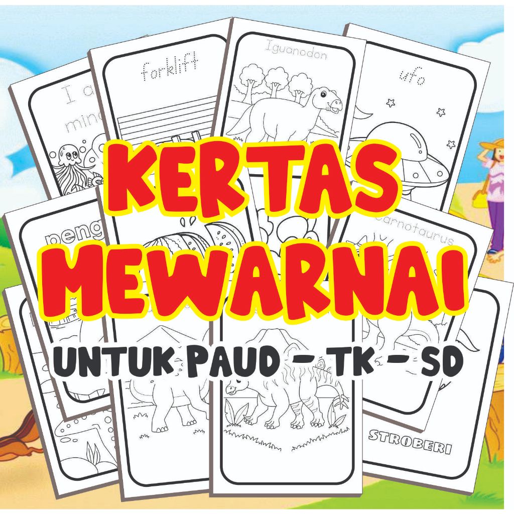 

kertas mewarnai anak tk paud sd buah bunga hewan kendaraan dinosarus sayur ukuran A5