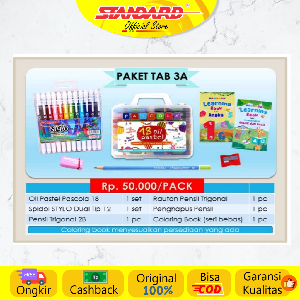 

Standard - Paket TAB 3A / 3B ( Oil Pastel Pascola/Coloring, Marker Dualtip, Pencil, Penghapus, Rautan, Buku Mewarnai )