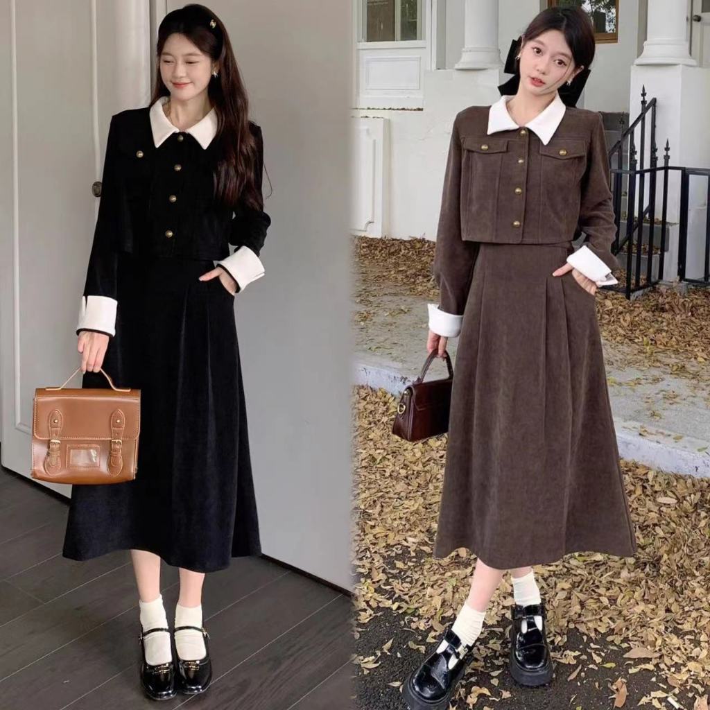 Setelan Gaya Hepburn Retro Untuk Wanita, Jaket Korduroi Pendek Dan Rok