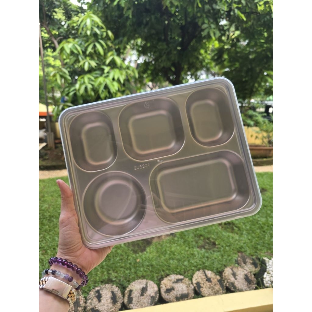 Lunch Box Kotak Makan Stainless 304 sekat 5 + tutup plastik bening
