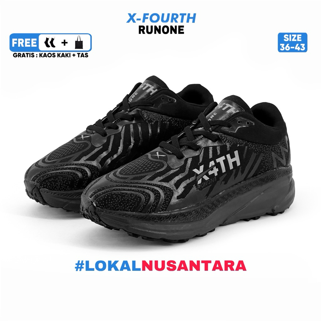 X-Fourth Runone Fullblack - sepatu lari sporty jogging running pria wanita anak anak kerja hadiah Sh