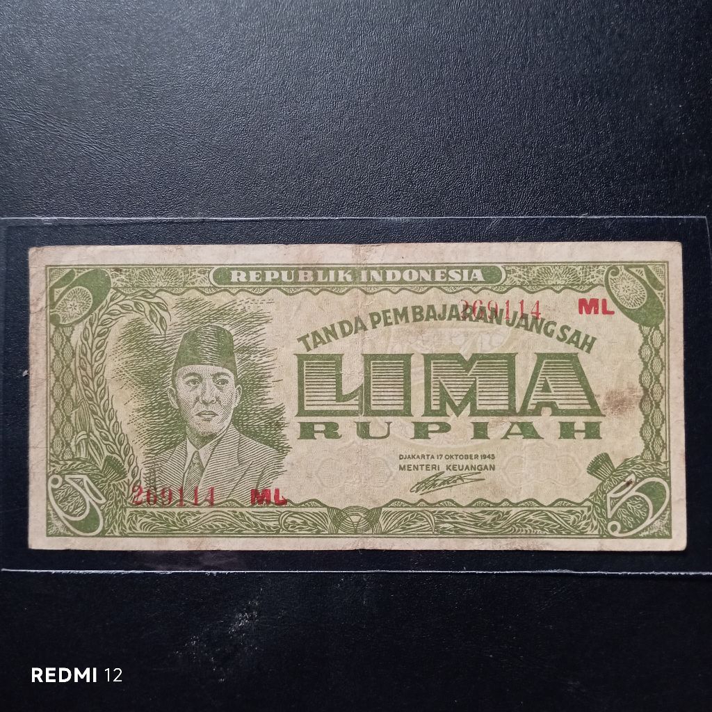 uang kertas 5 rupiah ORI djakarta tahun 1945 bekas asli