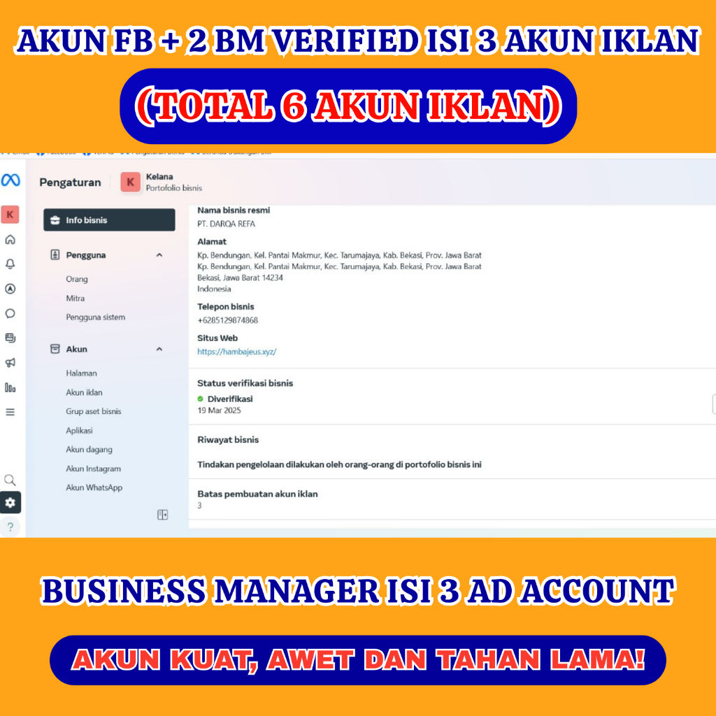 Akun FB + 2 BM Verified Isi 3 akun iklan (Total 6 Akun iklan)