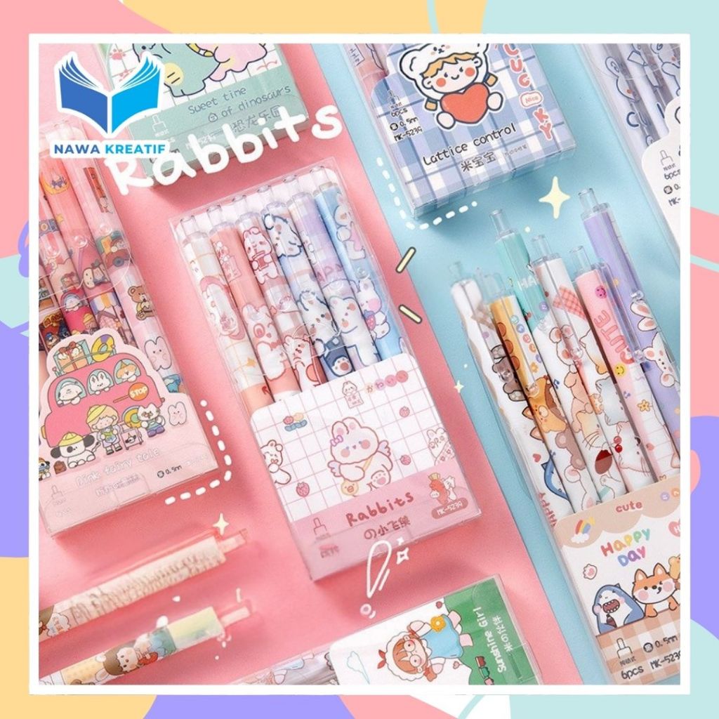 

NAWA Pulpen Gel 6 Pcs/Set Motif Kartun Pulpen Lucu Aestetik Motif Cartoon