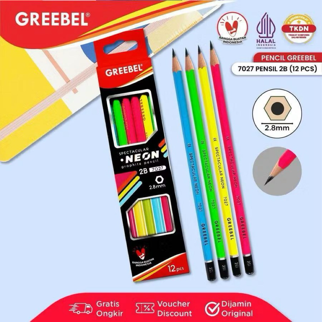 

GREEBEL Pensil Tulis 2B NEON 7027 / Pensil Greebel Karakter Lucu (1 PACK ISI 12)