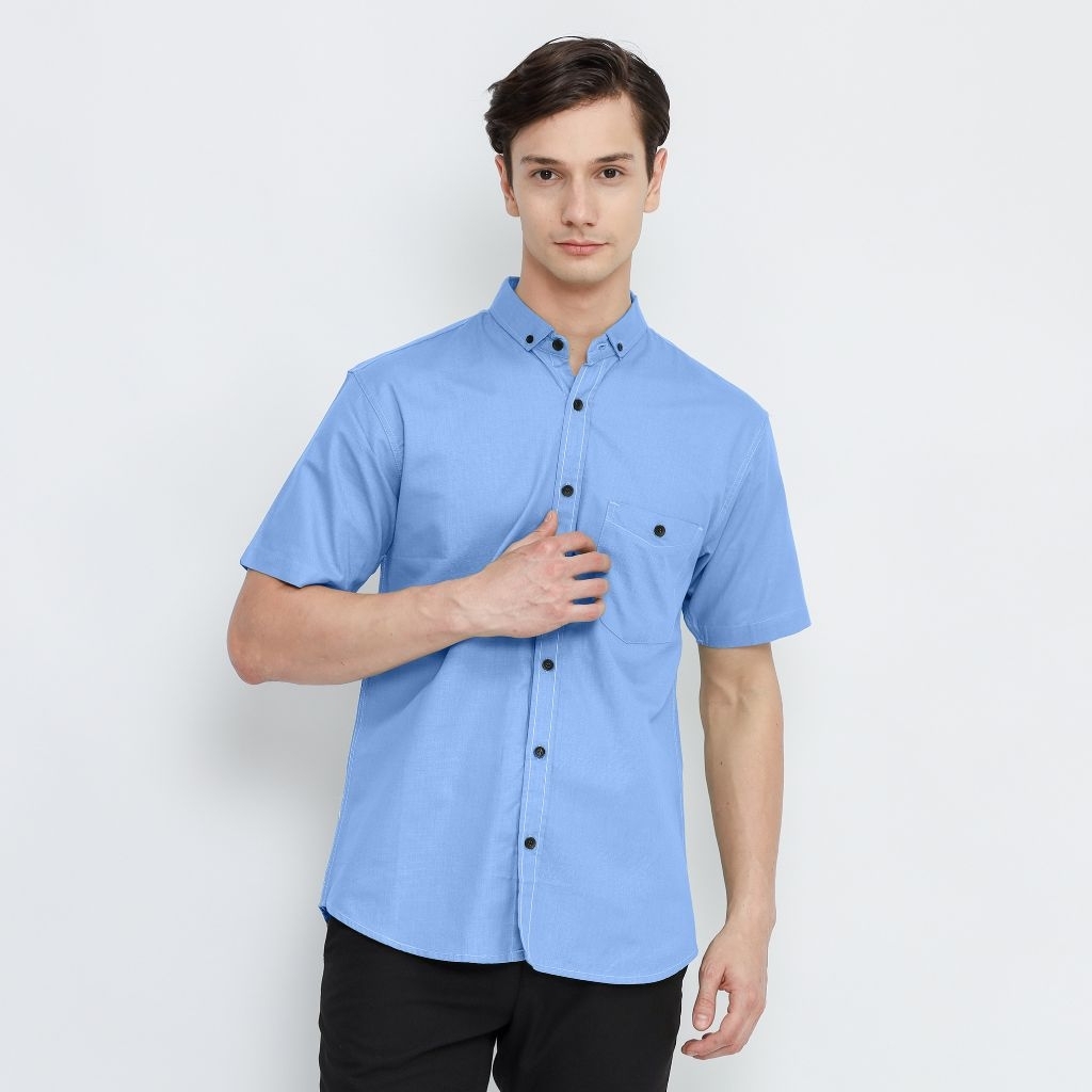 Milgo Kemeja Biru Pria Lengan Pendek Polos Slim Fit Premium Baju Kerja Kantor Cowok Casual Formal Ba