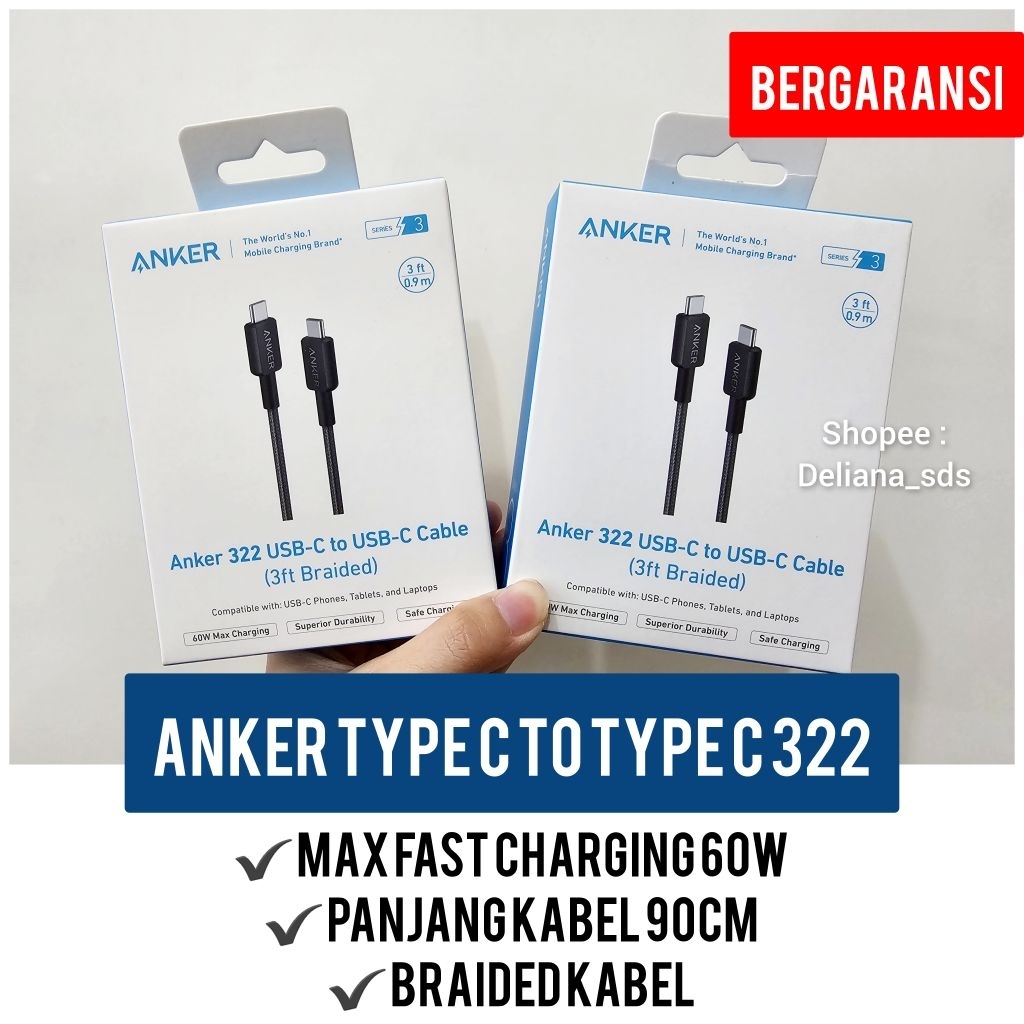 Kabel Anker Type C to Type C 322 90cm Garansi Resmi 1 Tahun Kabel Type C to Type C Anker Kabel Type 