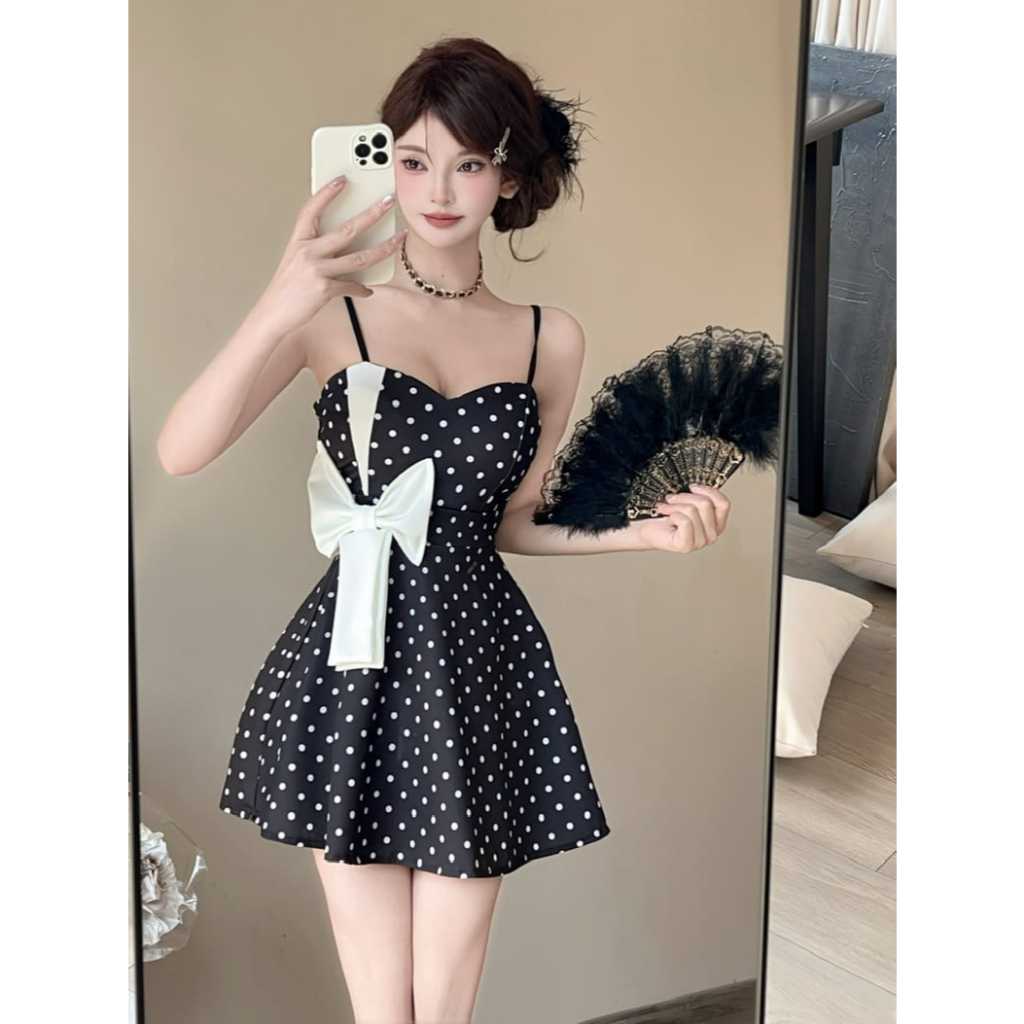 RatuBeli - Audrey Mini Dress A-Line / Gaun Polkadot Import Hitam Putih Pita Besar