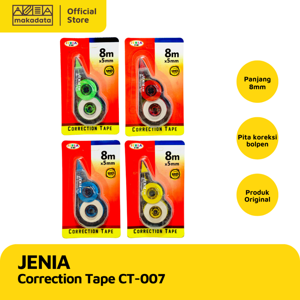 

STIPO KERTAS / TIP-EX / CORRECTION TAPE JENIA CT-007A 8M (1 PCS) MURAH