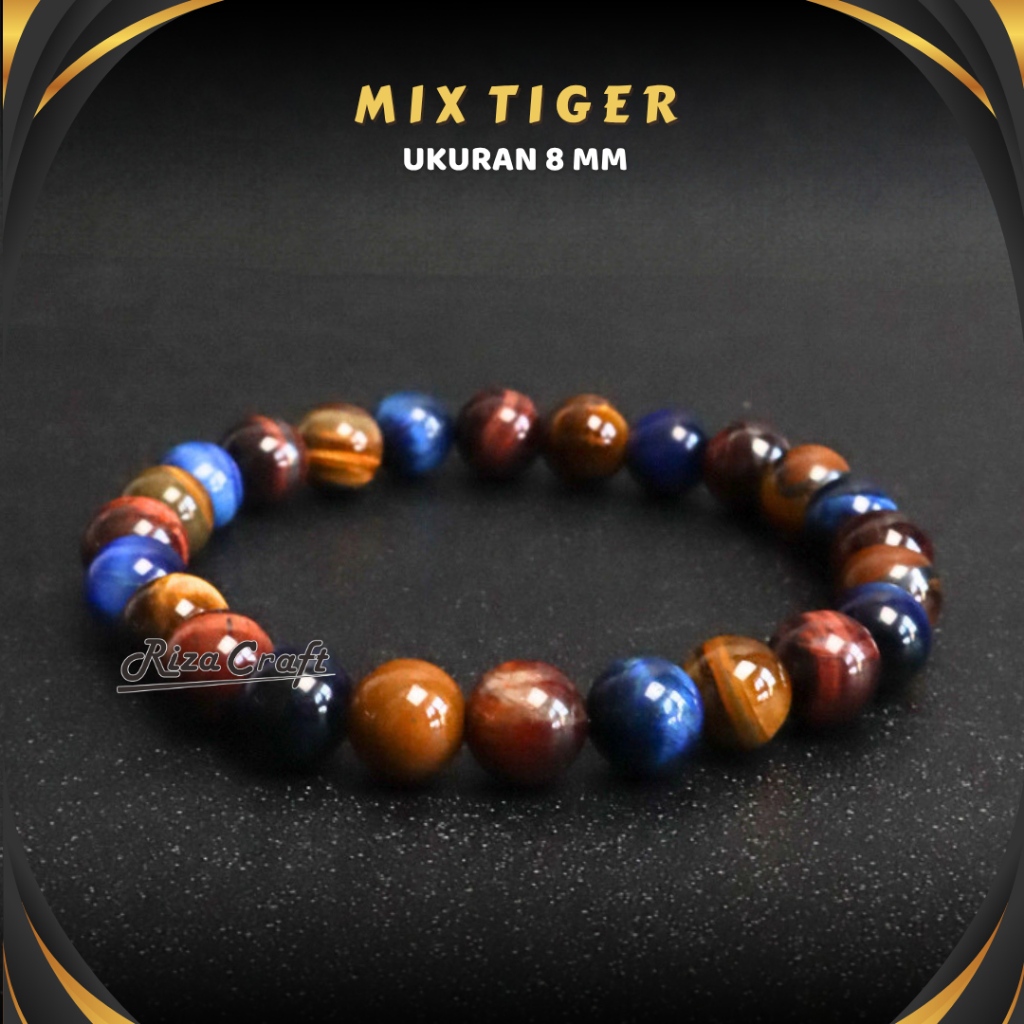 Gelang Gabungan 3 Batu Alam Tiger Eye Merah Kuning Biru Red Blue Tiger Eyes ASLI untuk Pria Wanita b