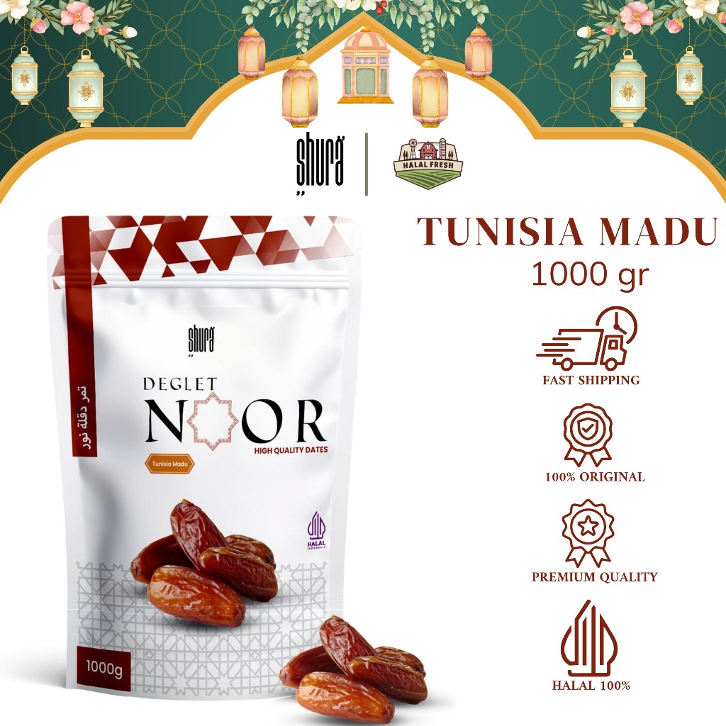 

Shura Kurma Tunisia 1 kg Pouch Tunisia Deglet Noor Premium Original High Quality