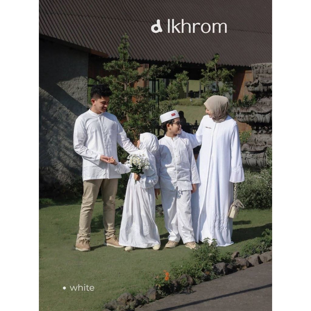 Sarimbit Dannis d'Ikhrom Family Couple Baju Muslim Putih Keluarga Setelan Kemeja Celana Gamis Anak-A