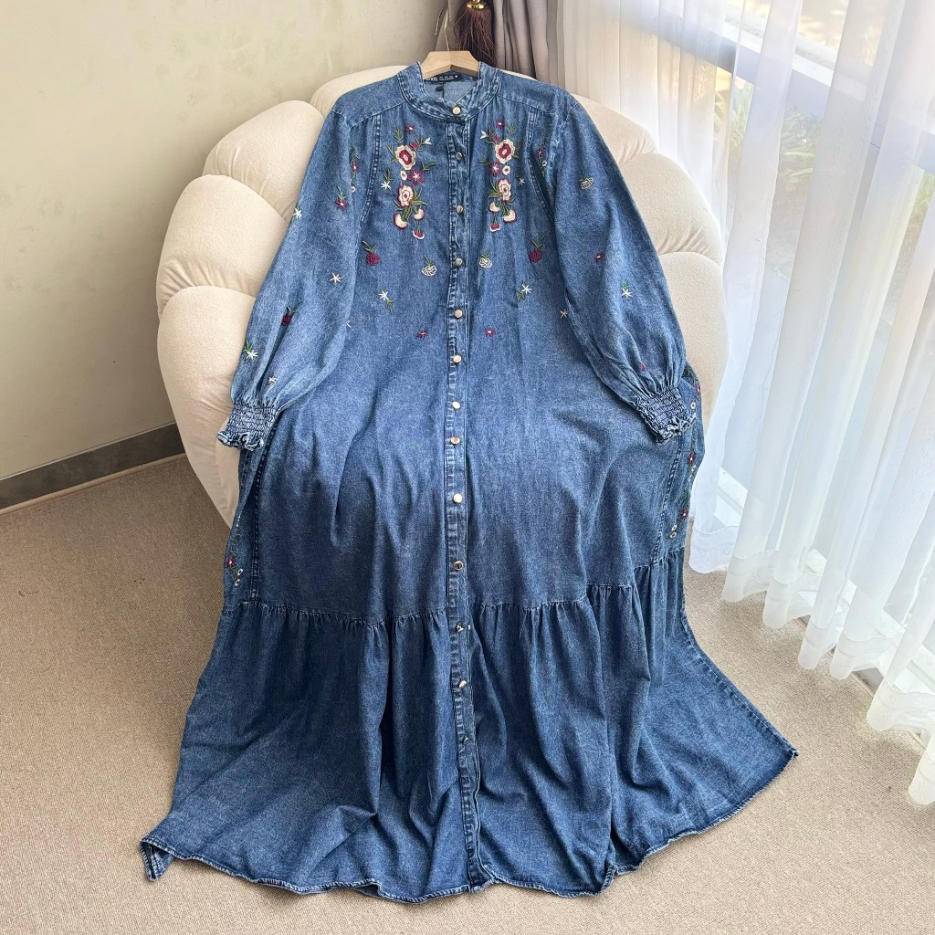 Gamis Jeans Elegan Bordir - Gamis Jumbo Mayung LD 115 Busui - Gamis Daily Outfit