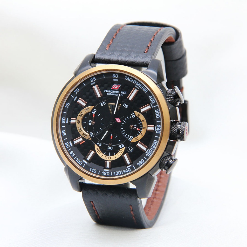 Jam Tangan Pria Chronoforce 5212G Sport Chrono Hitam Rosegold Kulit Hitam