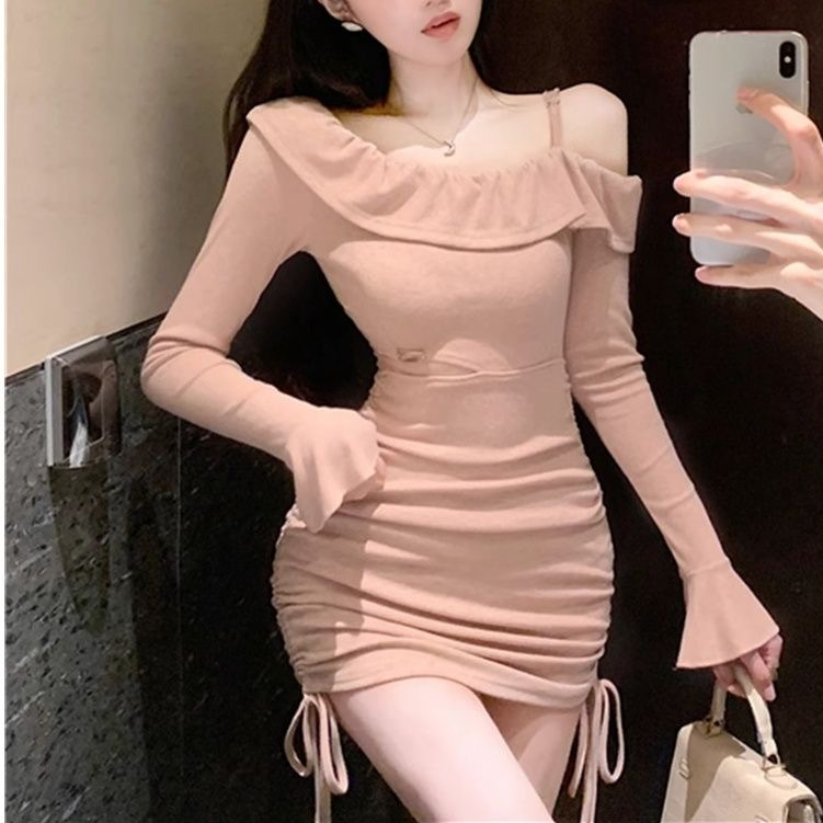 cute corset mini dress pink lengan panjang wanita korean style pesta press body baju dress wanita te