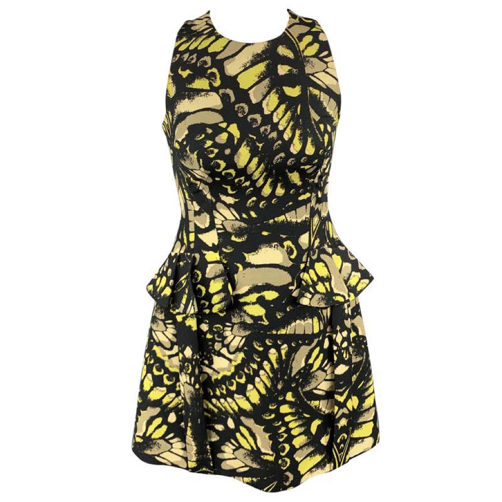MCQ ALEXANDER MCQUEEN Size 2 Black & Lime Green Butterfly Print Peplum Dress PRELOVED