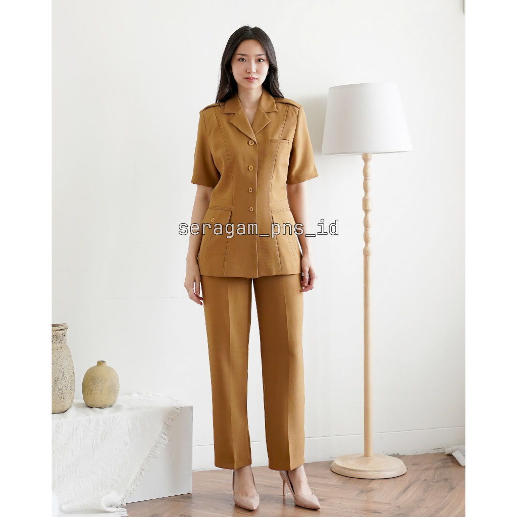Jas Seragam Blazer Wanita PDH PNS Pemda Guru ASN Lengan Pendek Kantong Tiga - 6605 Pemda Tua / Khaki