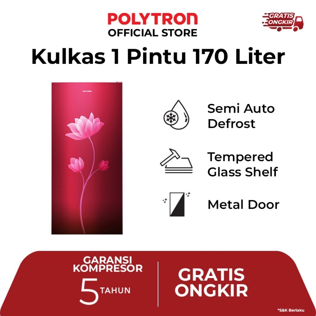 KULKAS 1PINTU POLYTRON PRB 179 PINTU MERAH MOTIP KEMBANG GARANSI 7 TAHUN