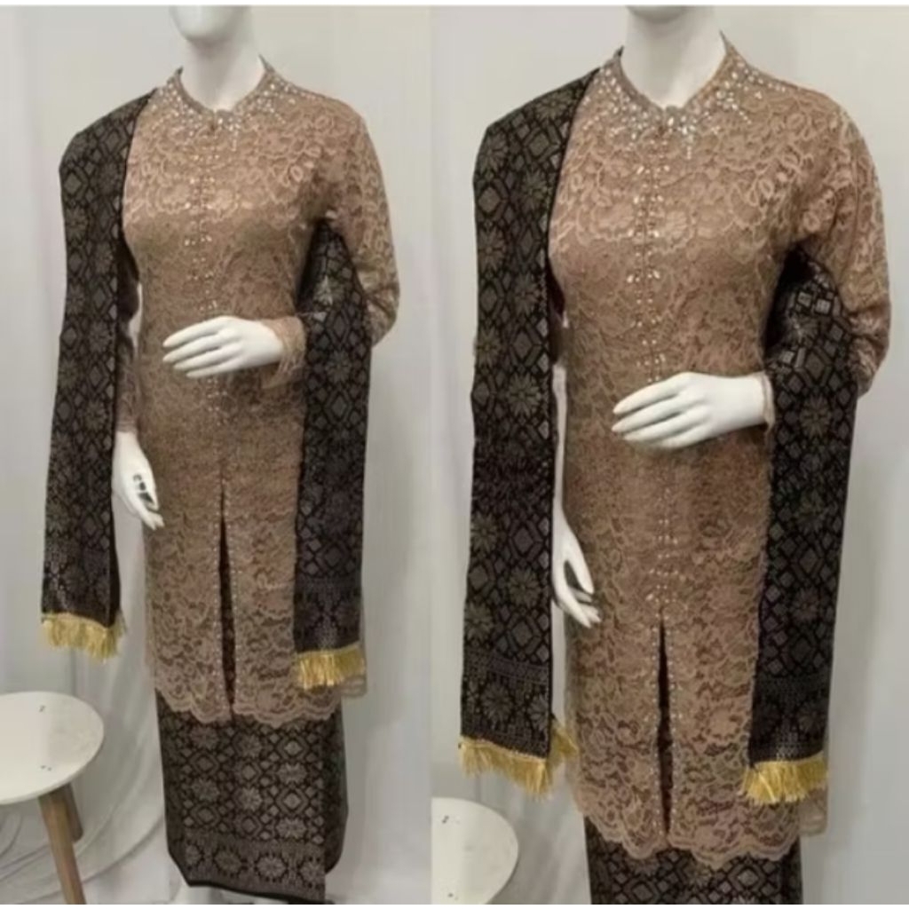 Ready Setelan Baju Kebaya Tunik Brukat Modern Kombinasi songket lilit Palembang/Setelan Kebaya Pesta