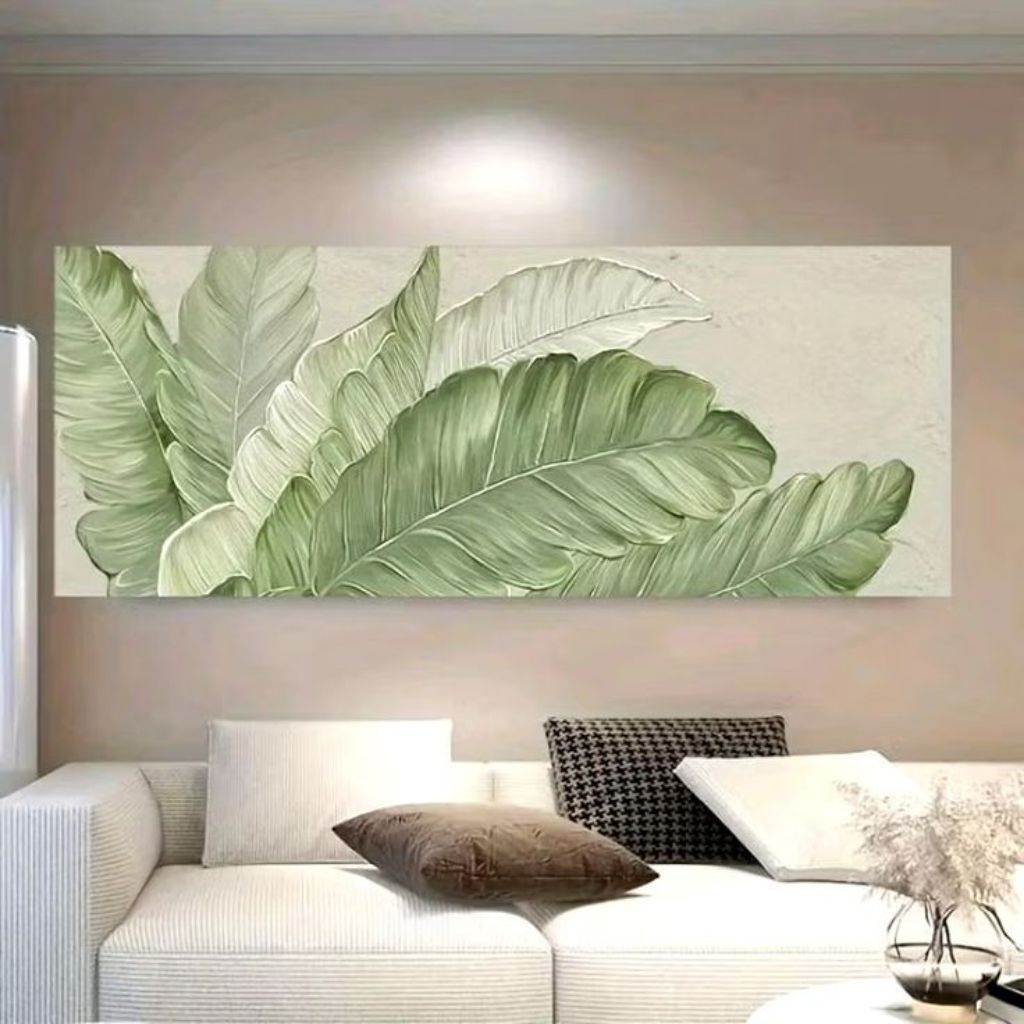 lukisan daun pisang hijau soft- akrilik kanvas